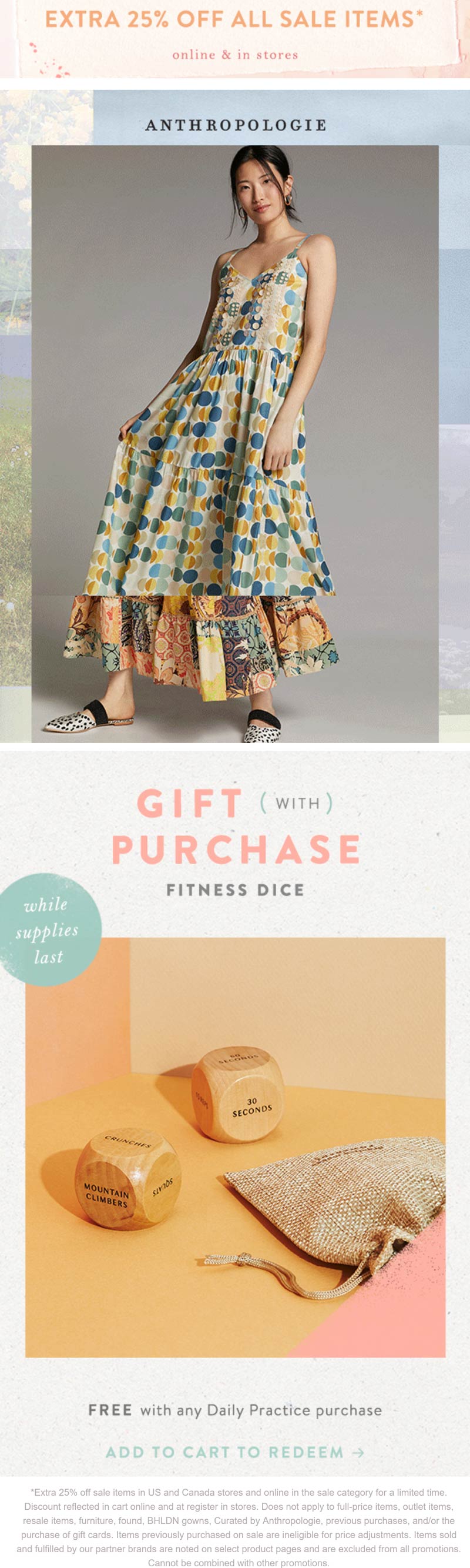 Anthropologie stores Coupon  Extra 25% off sale items + free fitness dice at Anthropologie, ditto online #anthropologie 