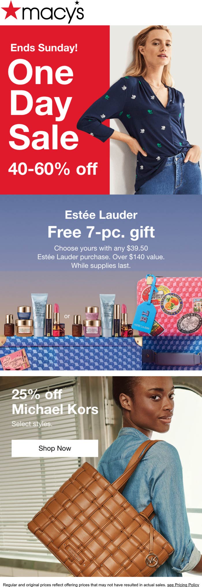 25 off Michael Kors, free Lauder & more at Macys, ditto online macys