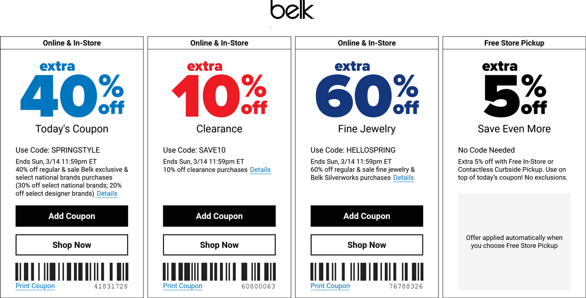 Belk stores Coupon  Extra 40% off & more at Belk, or online via promo code SPRINGSTYLE #belk 