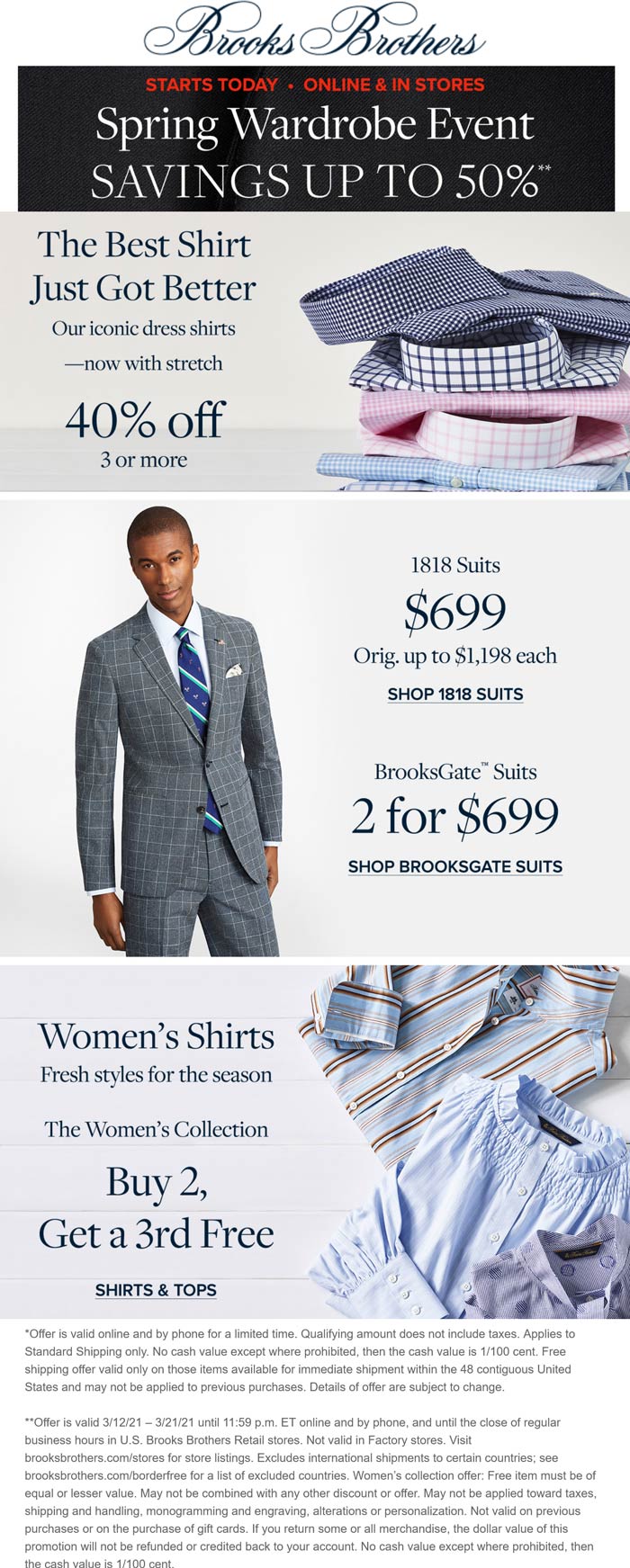 40 off 3+ shirts & more at Brooks Brothers, ditto online 