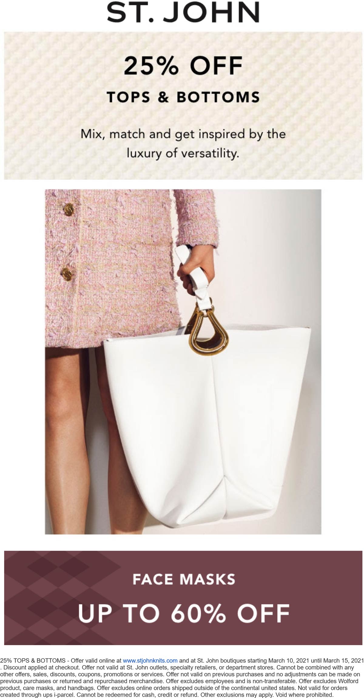 St. John stores Coupon  25% off tops & bottoms at St. John, ditto online #stjohn 
