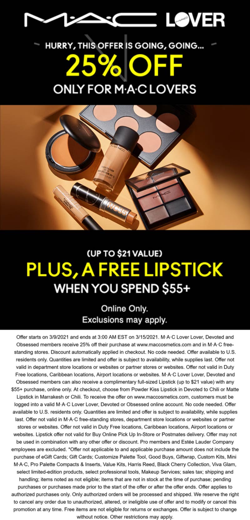MAC stores Coupon  25% off + free lipstick on $55 today for MAC lovers online #mac 