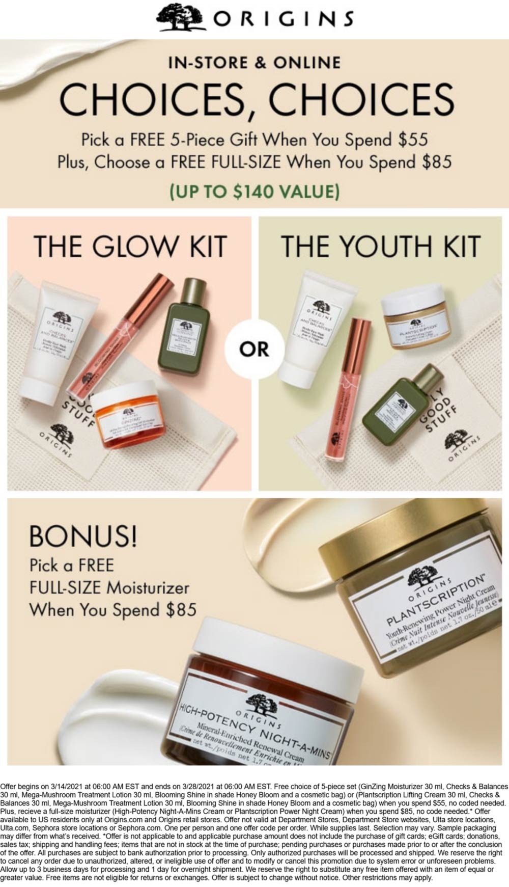 Origins stores Coupon  Free full-size moisturizer + 5pc gift on $85 spent at Origins, ditto online #origins 