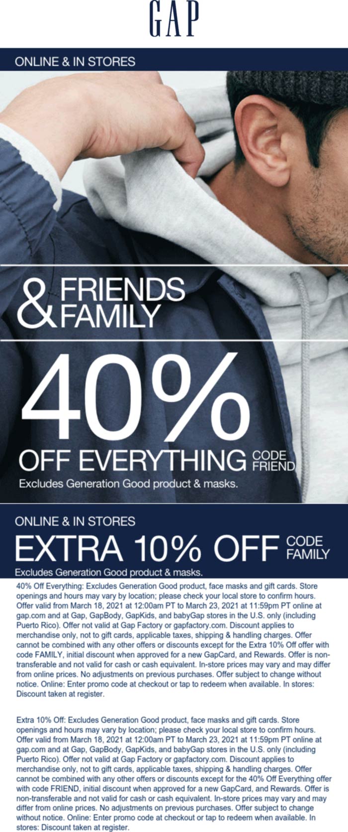 40 off everything & more at Gap, or online via promo code FRIEND gap