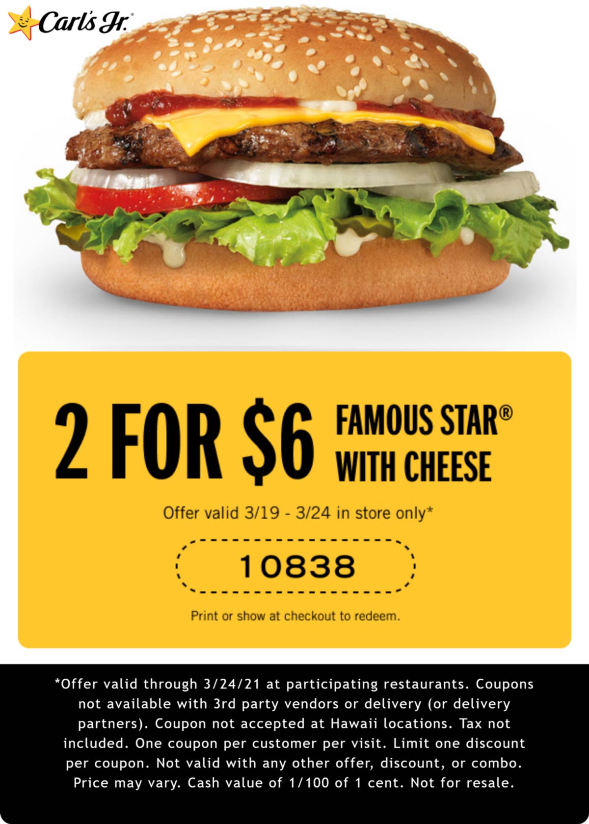 Carls Jr. restaurants Coupon  2 famous star cheeseburgers for $6 at Carls Jr. restaurants #carlsjr 