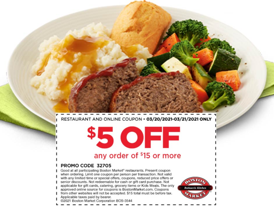 Boston Market restaurants Coupon  $5 off $15 today at Boston Market restaurants #bostonmarket 