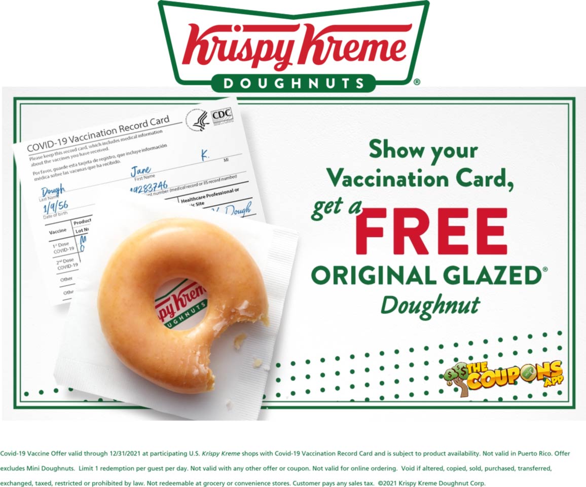 Free glazed doughnut daily all year with vaccination card at Krispy
