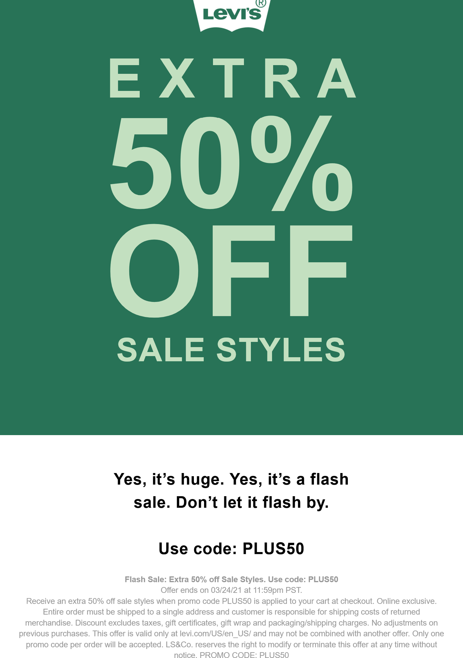 [August, 2021] Extra 50 off sale styles at Levis via promo code PLUS50
