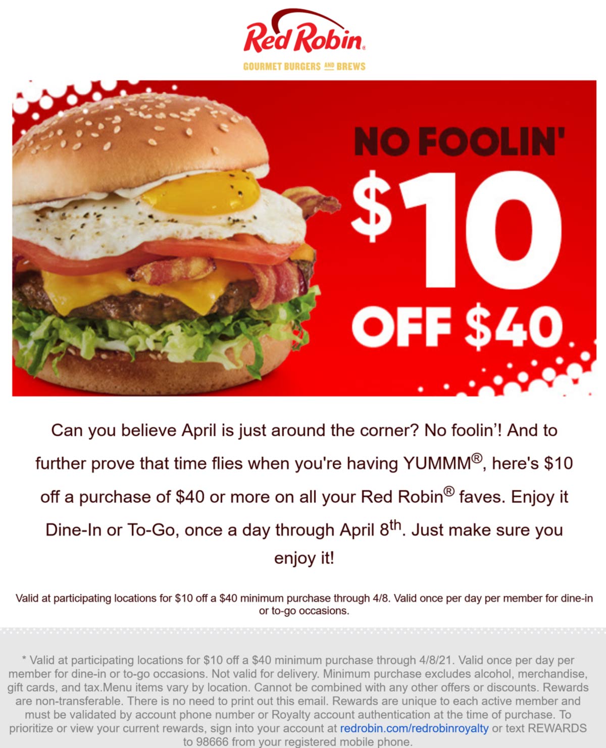 10 off 40 at Red Robin restaurants redrobin The Coupons App®