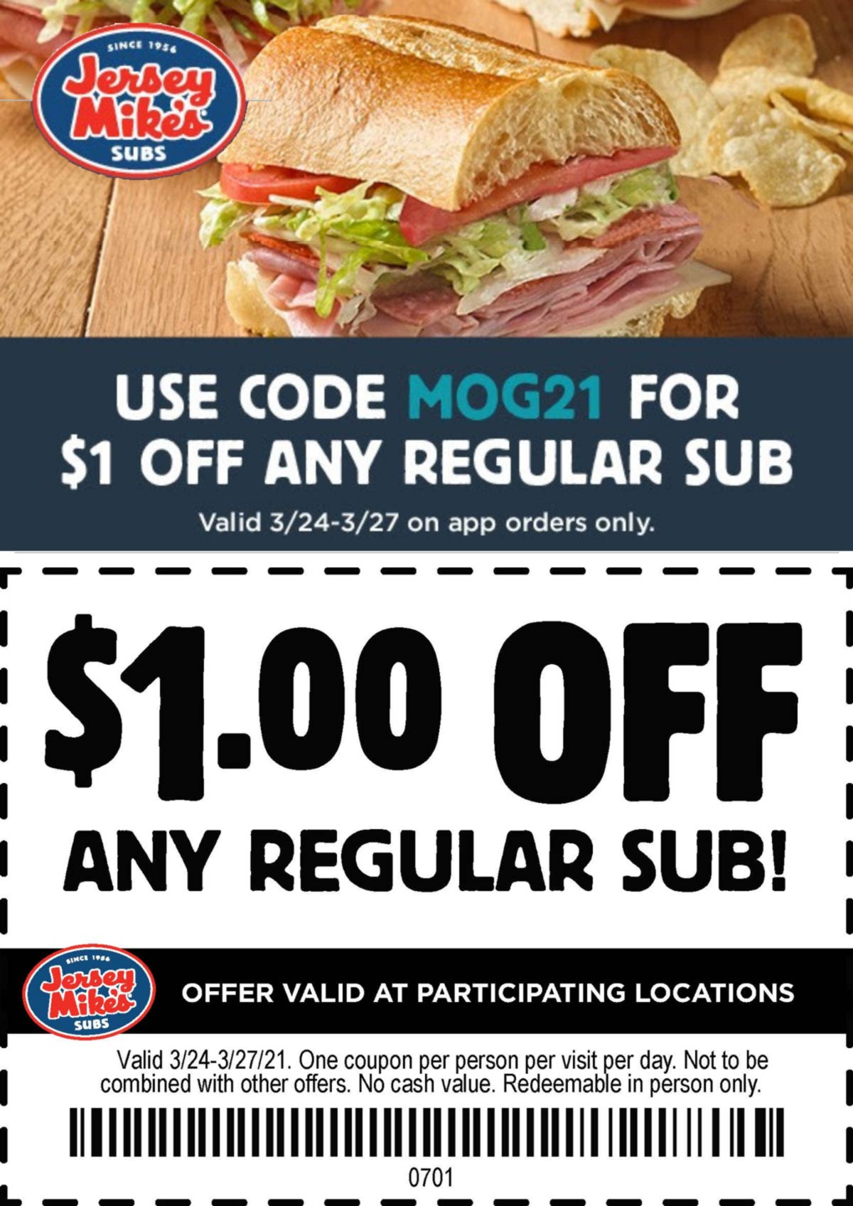 Jersey Mikes restaurants Coupon  $1 off any sub sandwich at Jersey Mikes, or online via promo code MOG21 #jerseymikes 