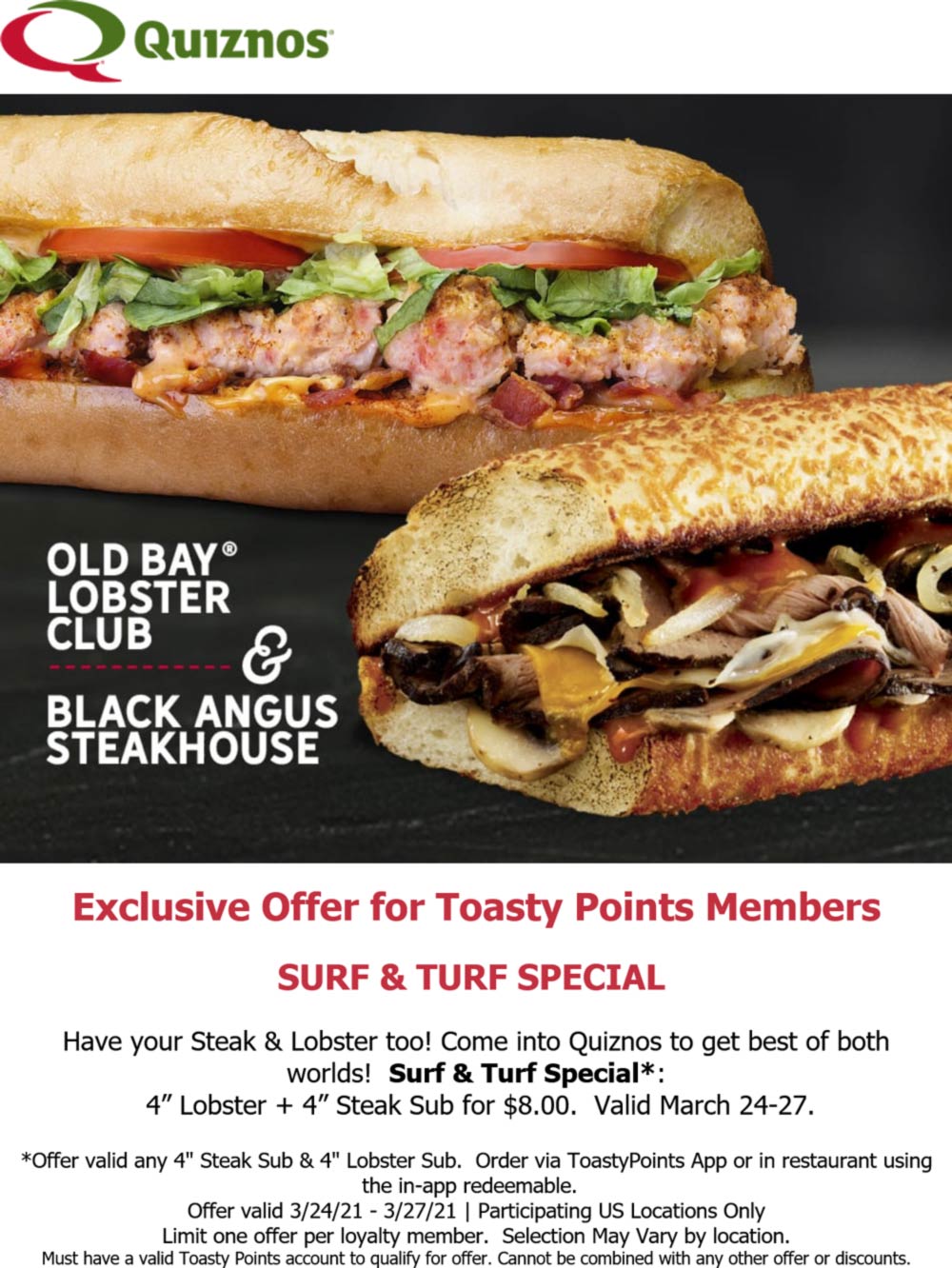 4in lobster + 4in steak sub sandwich = $8 at Quiznos #quiznos | The ...