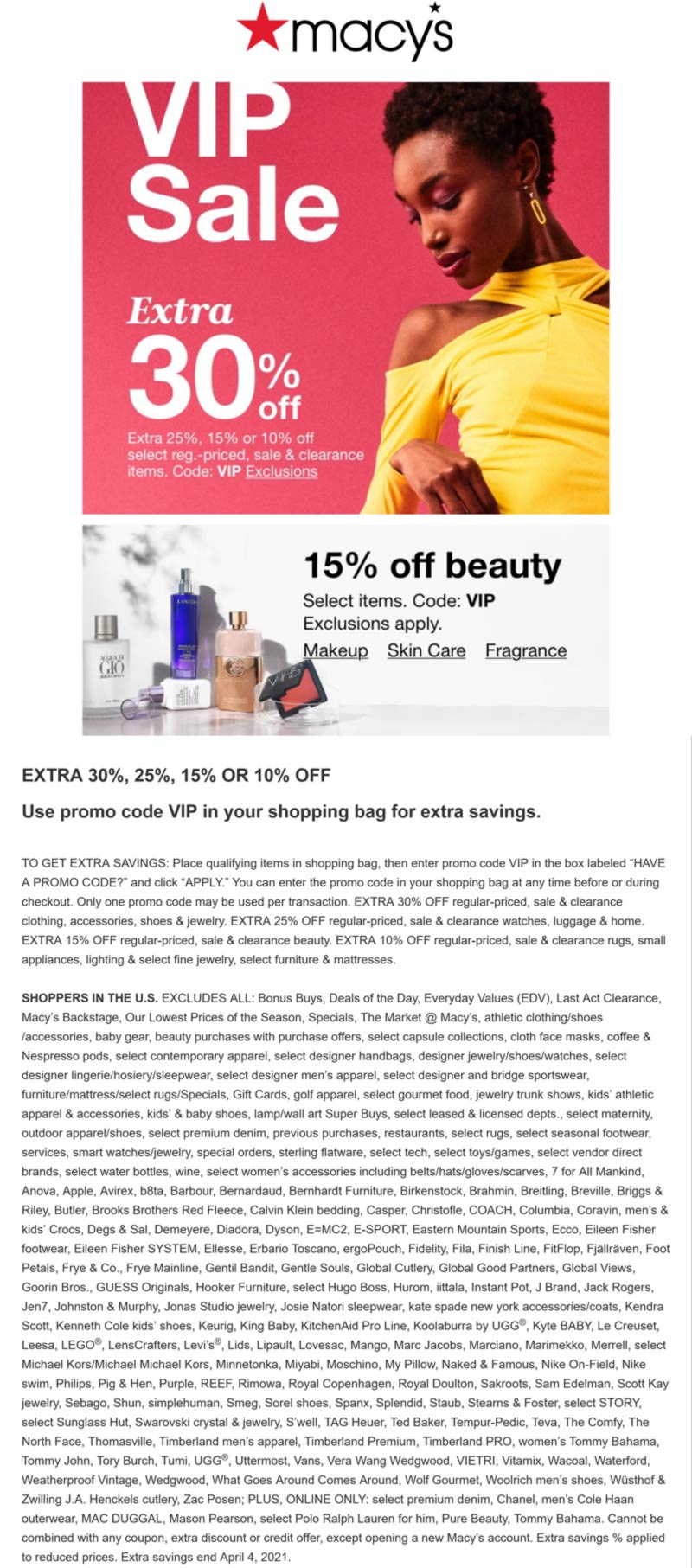 Macys stores Coupon  Extra 30% off at Macys, or online via promo code VIP #macys 