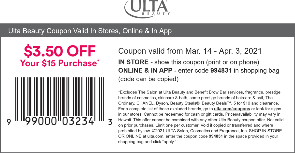 Ulta Beauty stores Coupon  $3.50 off $15 at Ulta Beauty, or online via promo code 994831 #ultabeauty 