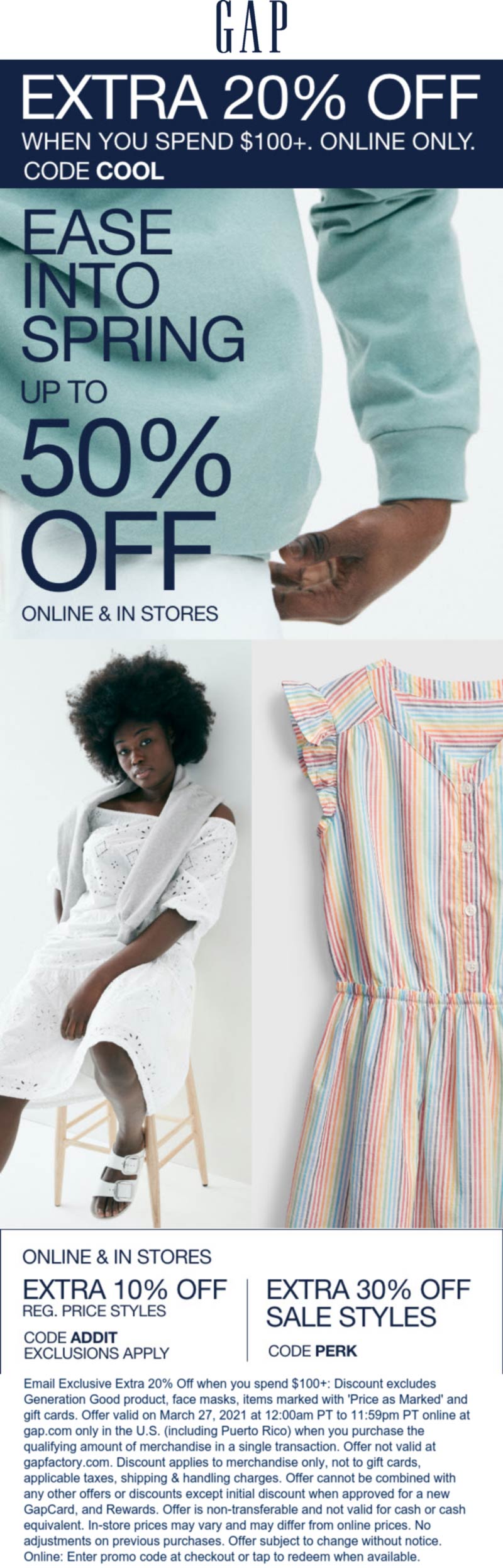 Gap stores Coupon  Extra 20% off $100 online today at Gap via promo code COOL #gap 