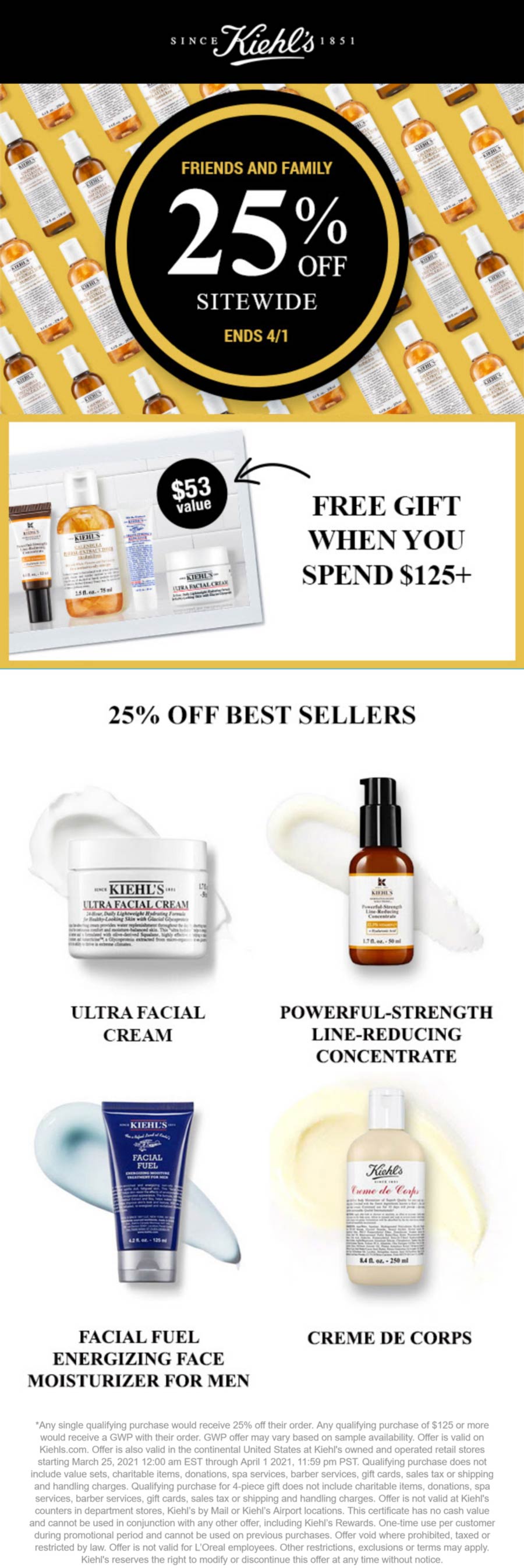 Kiehls stores Coupon  25% off at Kiehls skincare, ditto online #kiehls 