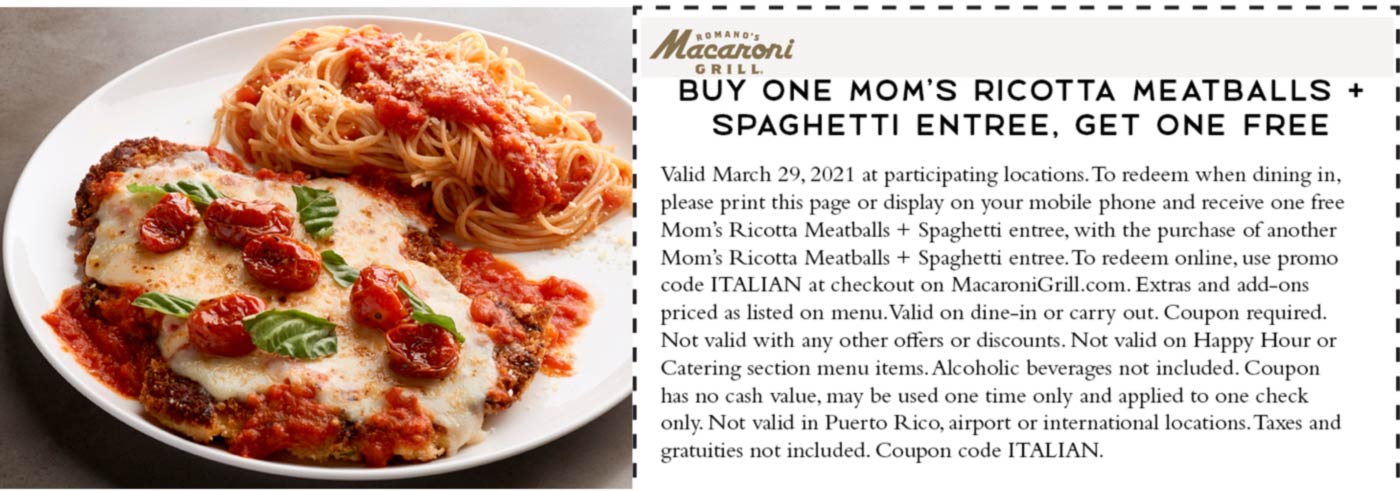 Macaroni Grill restaurants Coupon  Second ricotta meatballs spaghetti entree free today at Macaroni Grill #macaronigrill 