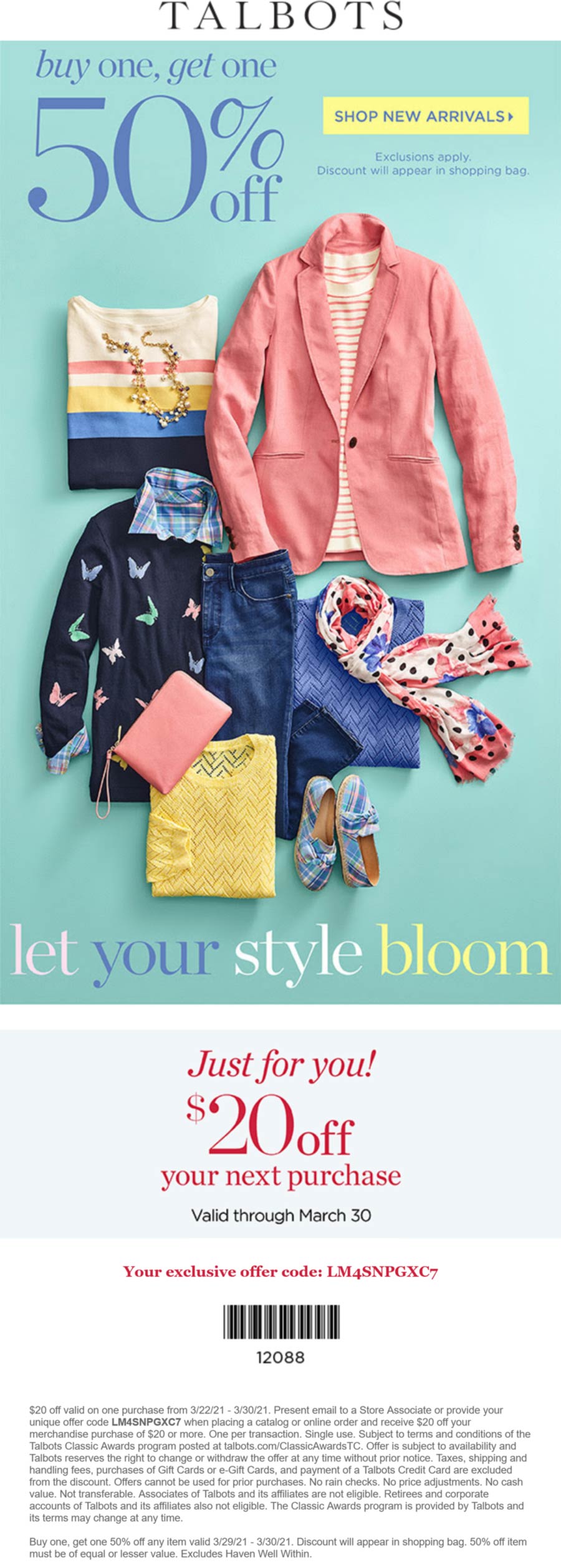 Talbots stores Coupon  Second item 50% off at Talbots via promo code LM4SNPGXC7 #talbots 