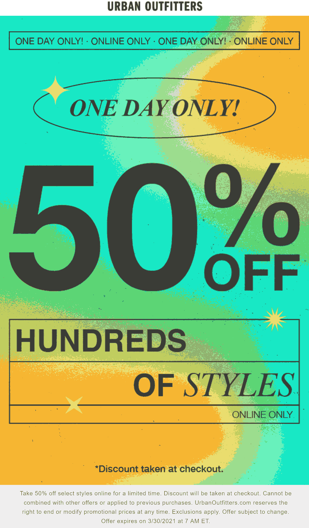 Urban Outfitters stores Coupon  50% off online today at Urban Outfitters #urbanoutfitters 