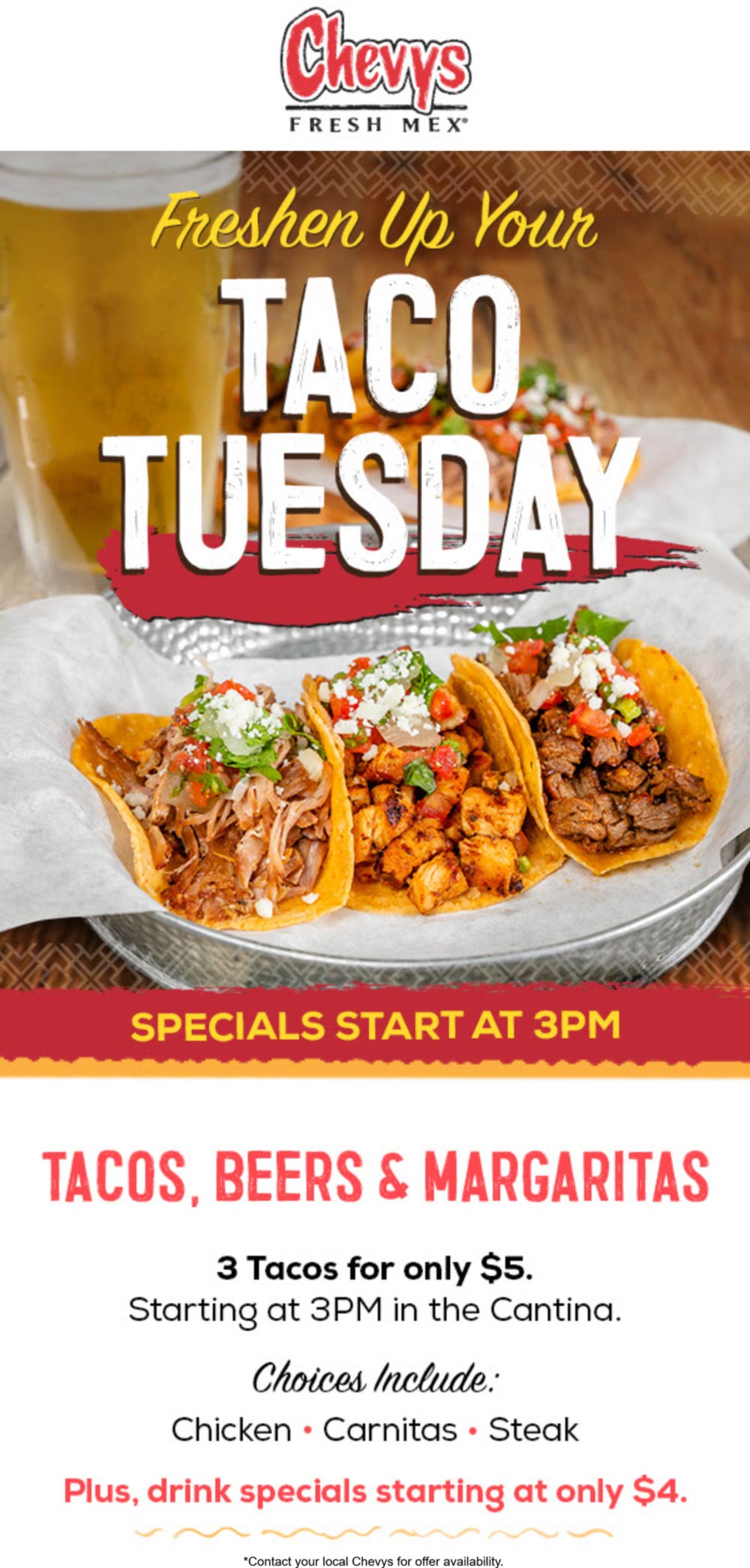 Chevys restaurants Coupon  3 tacos for $5 after 3p today at Chevys Fresh Mex restaurants #chevys 
