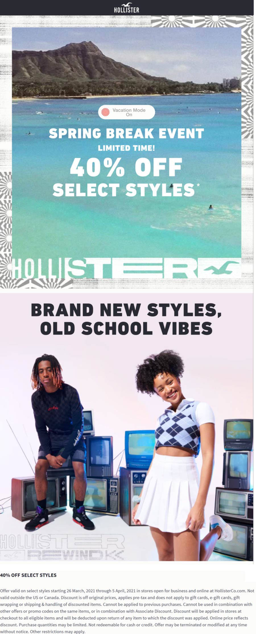 Hollister stores Coupon  40% off Spring styles at Hollister, ditto online #hollister 