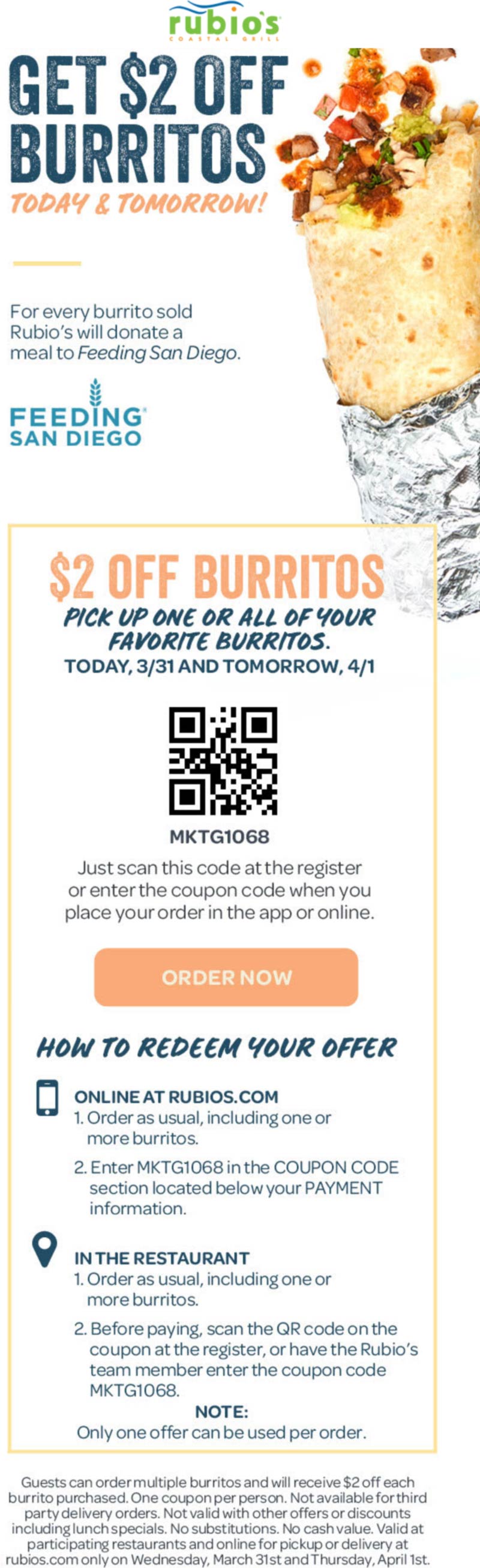 [May, 2021] 2 off burritos at Rubios Coastal Grill restaurants rubios
