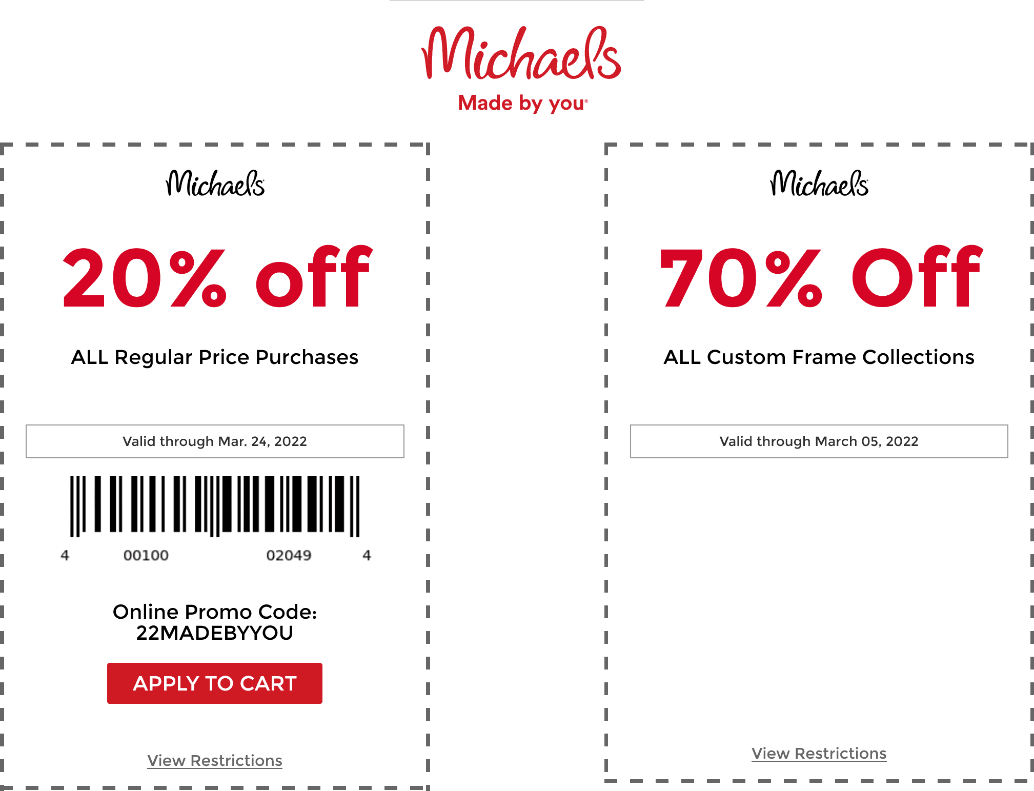 Michaels stores Coupon  20% off at Michaels, or online via promo code 22MADEBYYOU #michaels 