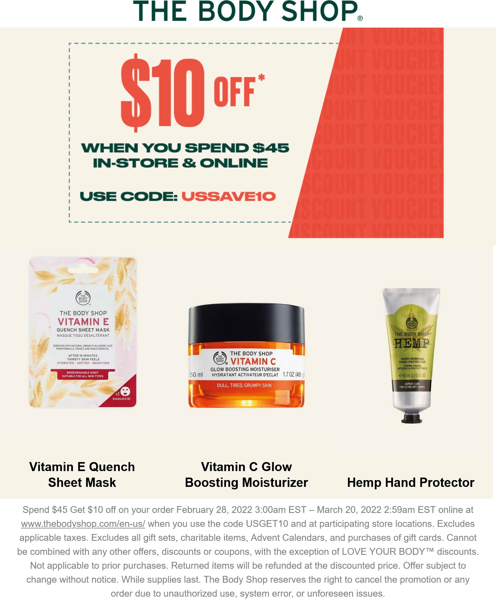 The Body Shop stores Coupon  $10 off $45 at The Body Shop, or online via promo code USGET10 #thebodyshop 