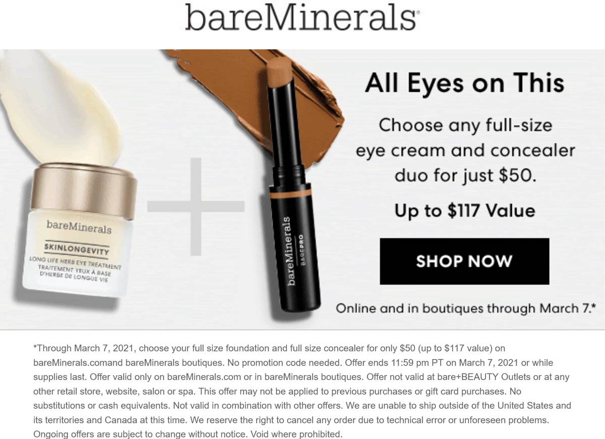 bareMinerals restaurants Coupon  Full size eye cream + concealer = $50 at bareMinerals, ditto online #bareminerals 