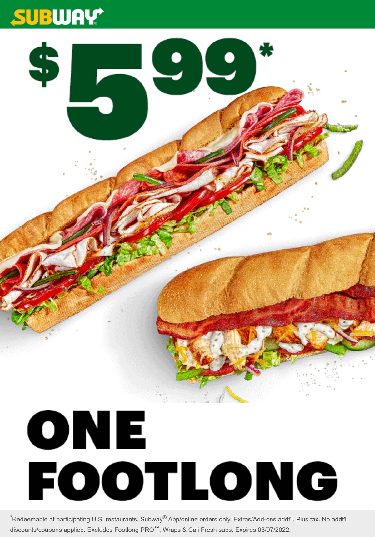 Subway restaurants Coupon  $6 footlong sandwich at Subway #subway 