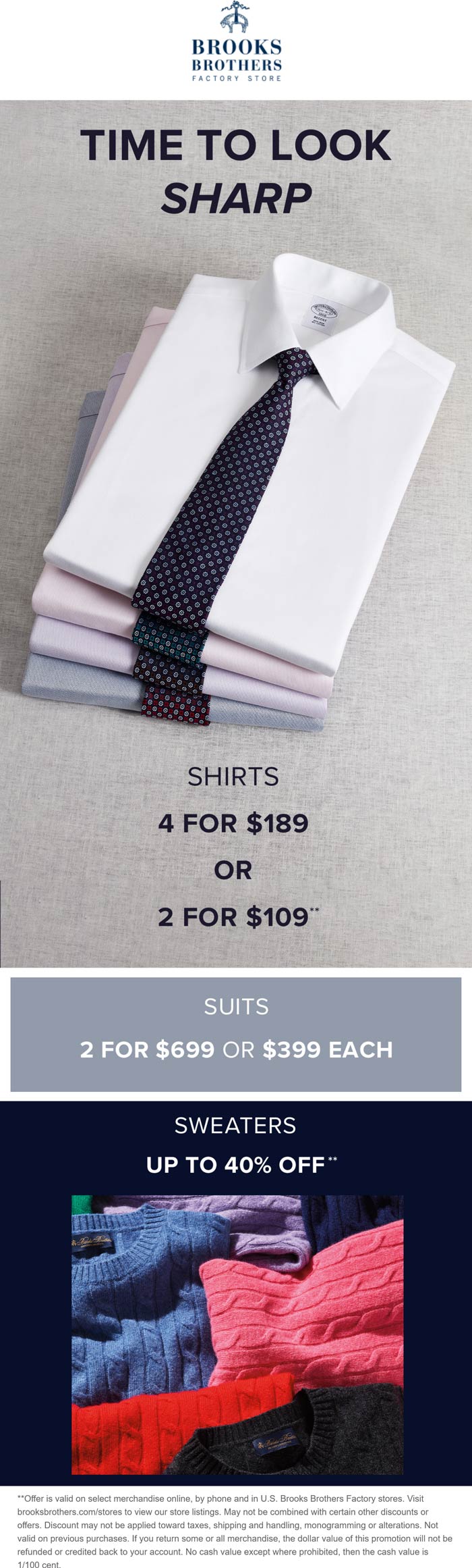 Brooks Brothers Factory Store stores Coupon  2 suits for $699 & 4 shirts for $189 at Brooks Brothers Factory Store #brooksbrothersfactorystore 