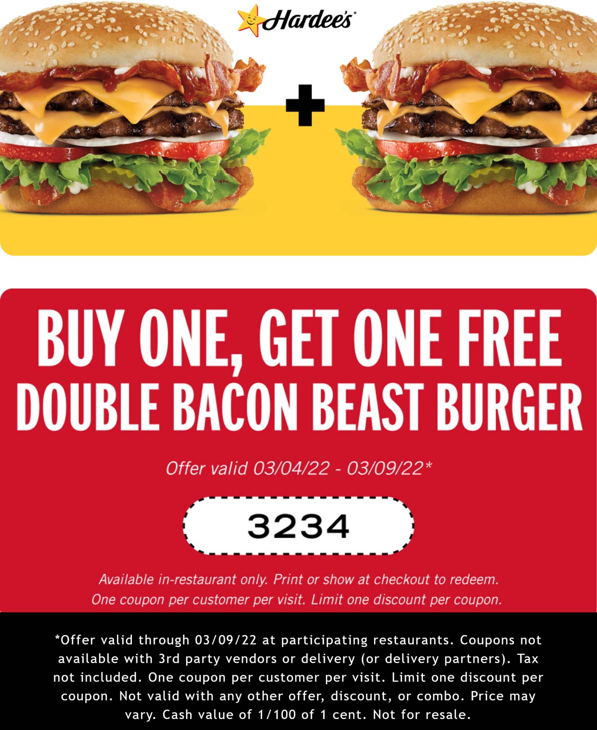 Hardees restaurants Coupon  Second double bacon beast cheeseburger free at Hardees #hardees 