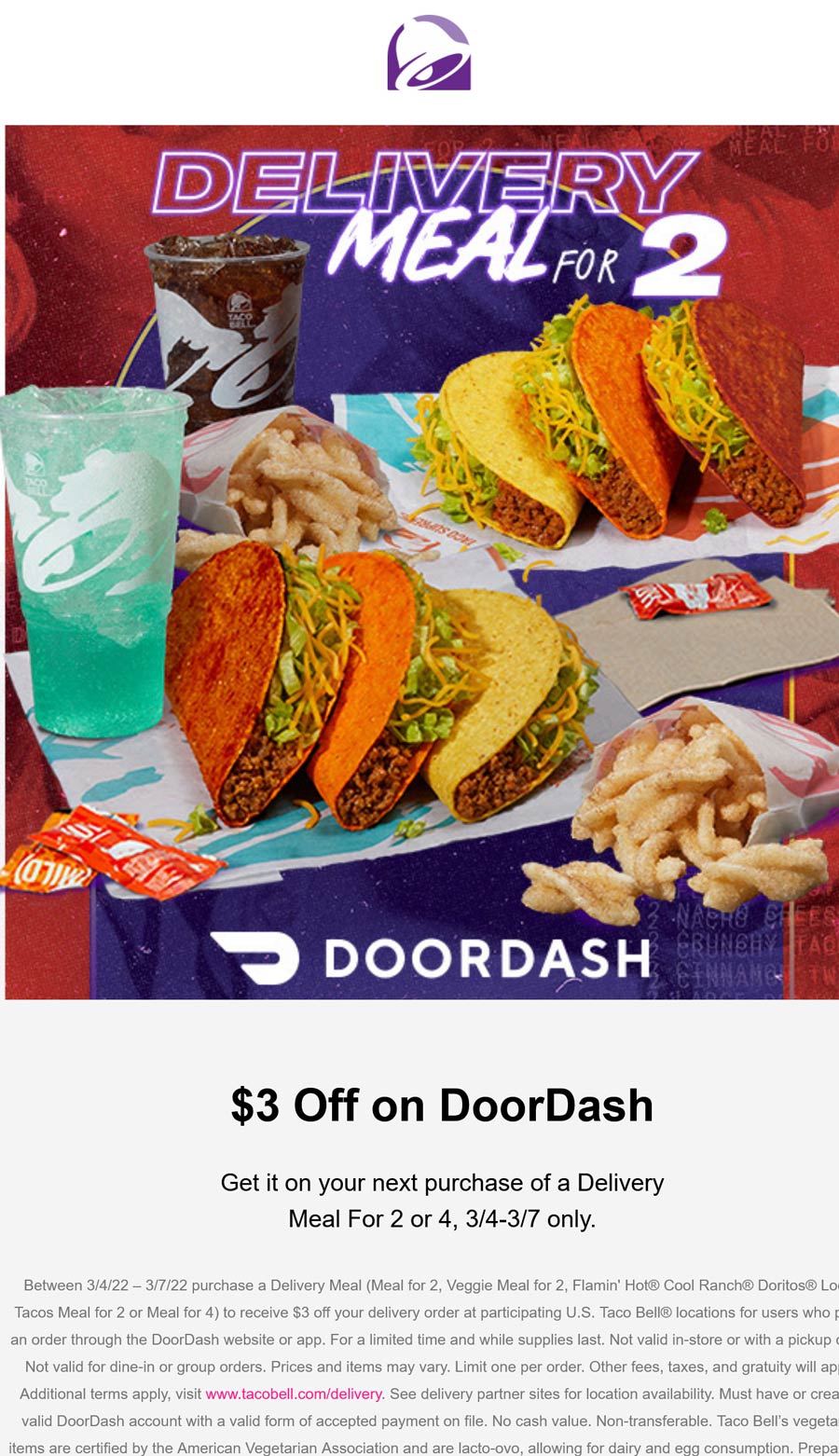Taco Bell restaurants Coupon  $3 off meal for 2 delivery at Taco Bell restaurants #tacobell 