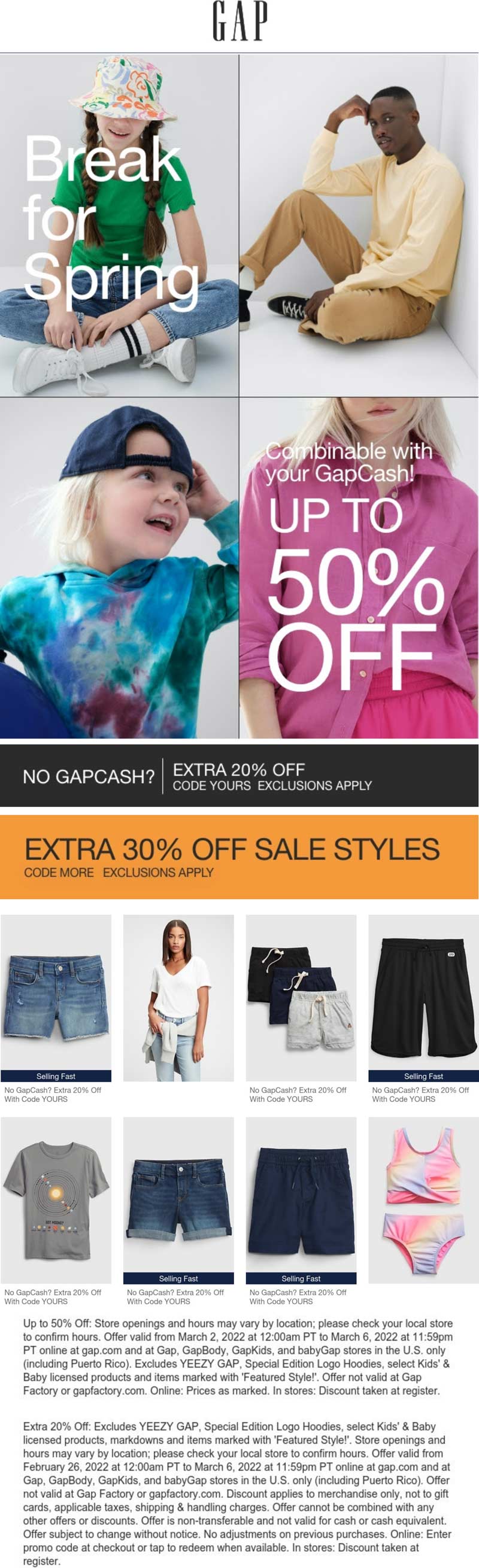 Gap stores Coupon  Extra 20-30% off today at Gap, or online via promo code MORE #gap 