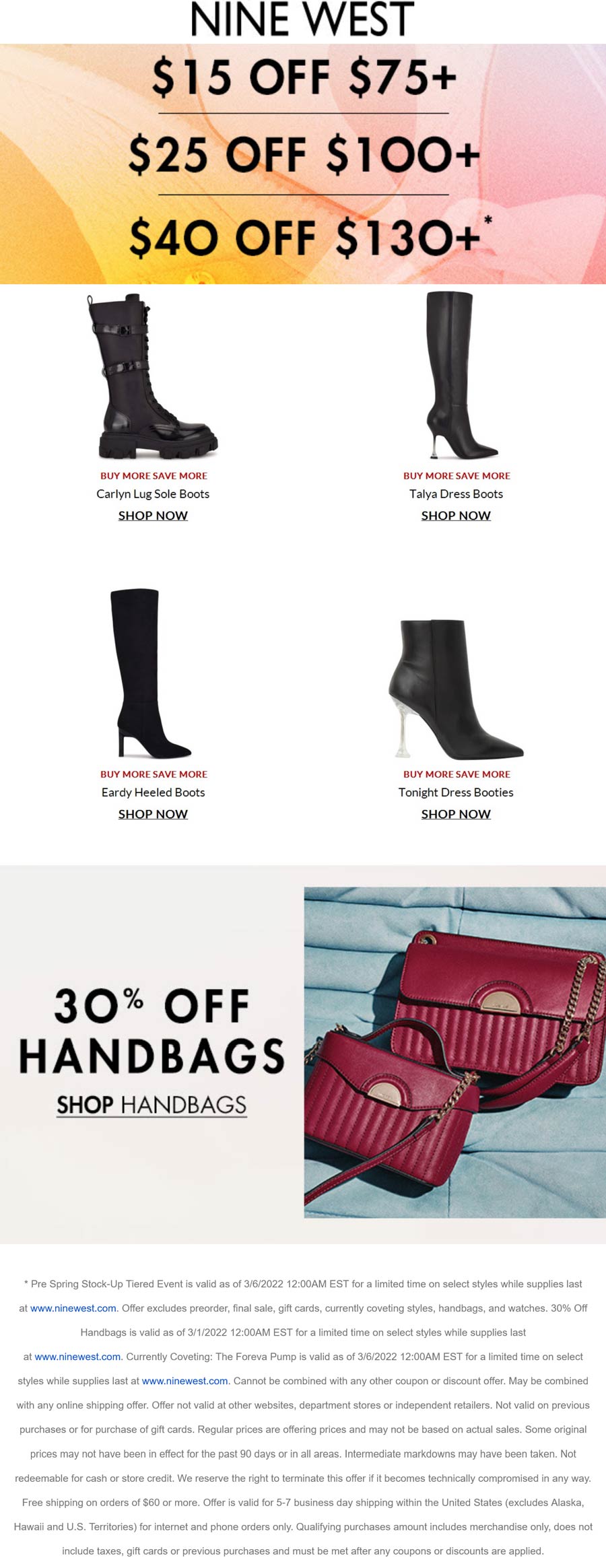Nine West stores Coupon  $15-$40 off $75+ & 30% off handbags at Nine West #ninewest 