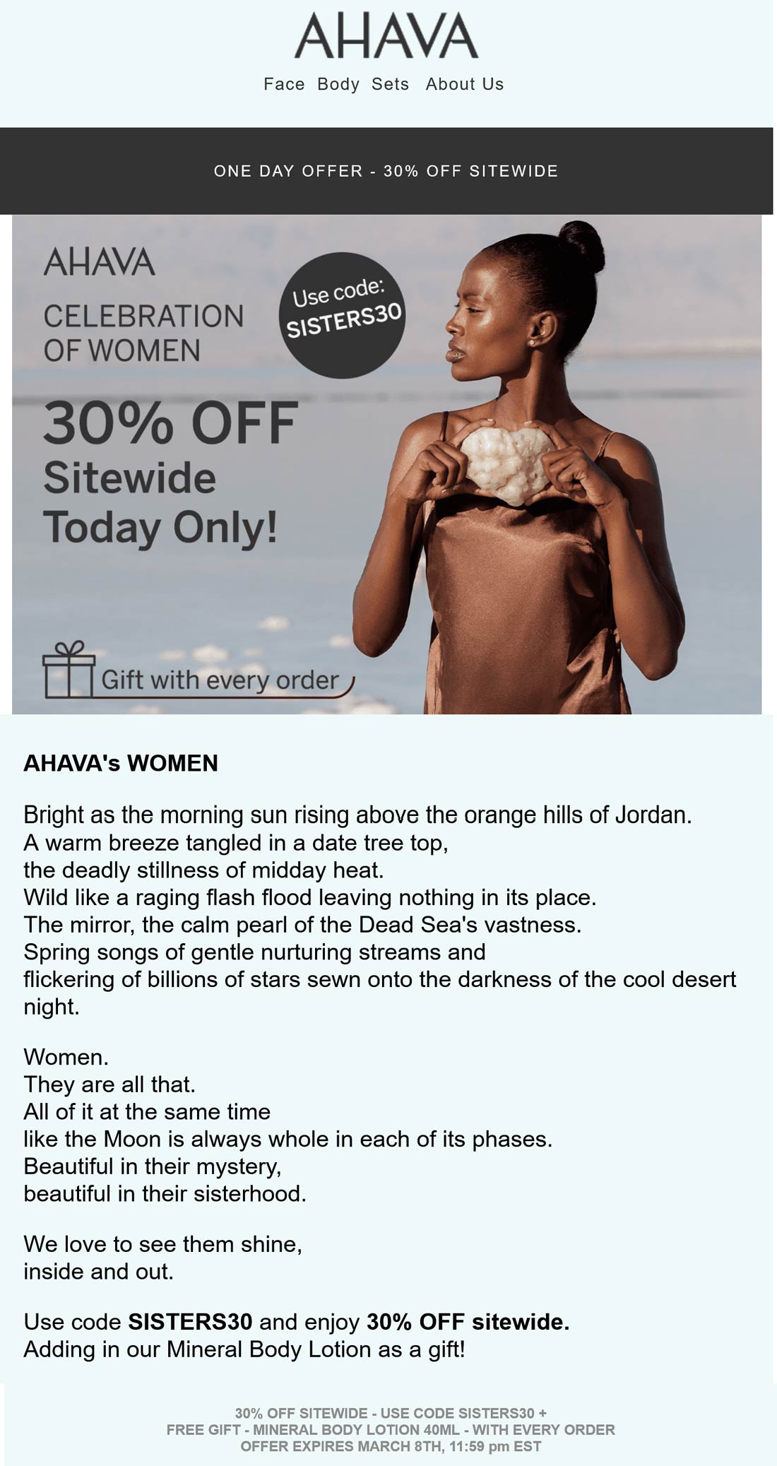 AHAVA stores Coupon  30% off everything online today at AHAVA via promo code SISTERS30 #ahava 