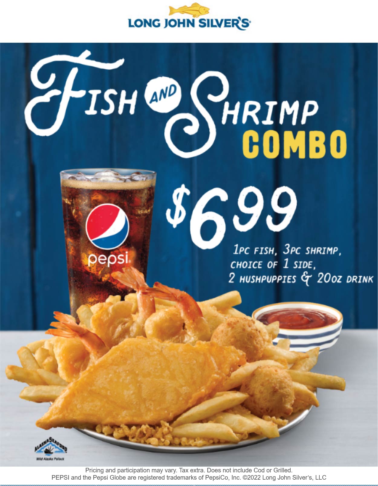 Long John Silvers restaurants Coupon  Fish + 3 shrimp + 2 hushpuppies + drink = $7 at Long John Silvers #longjohnsilvers 