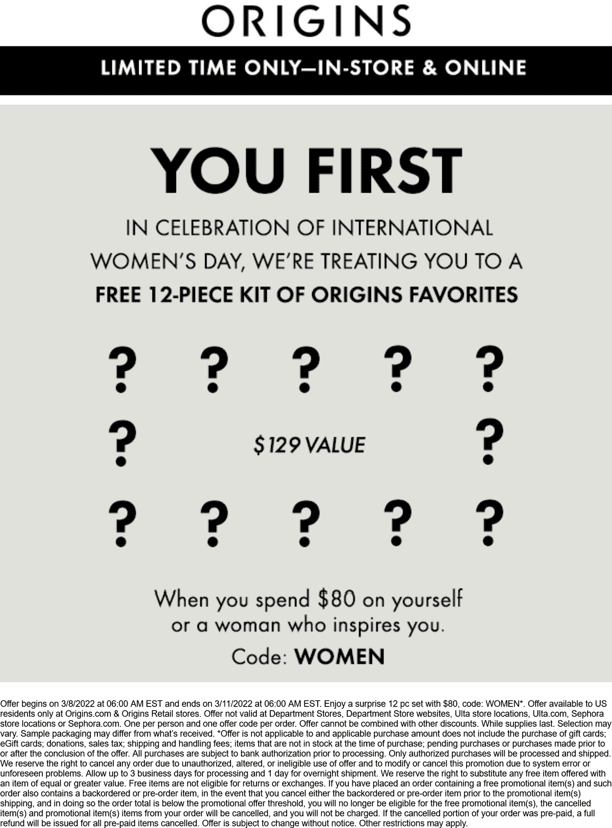 Origins stores Coupon  Free 12pc set with $80 spent at Origins, or online via promo code WOMEN #origins 