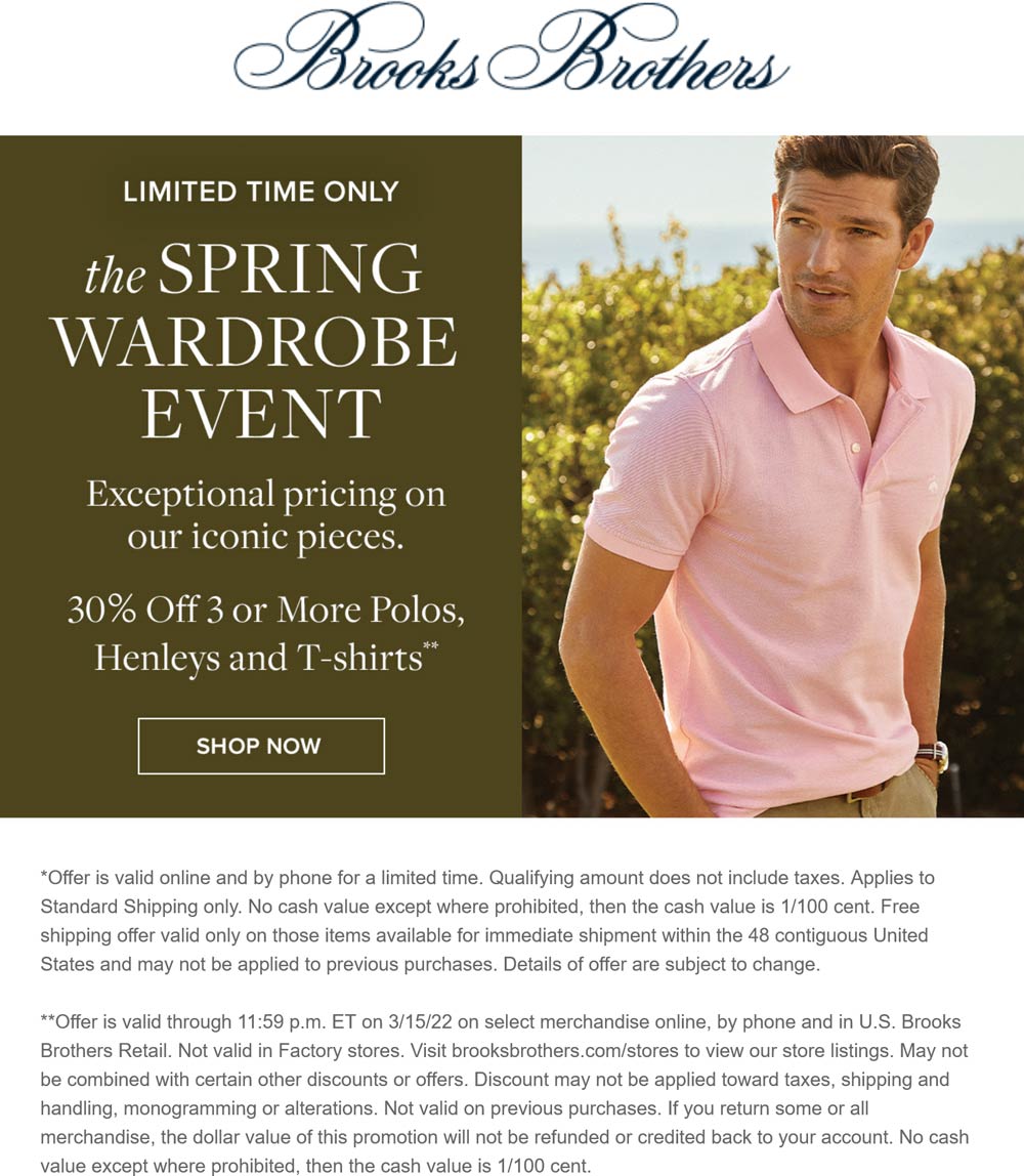 Brooks Brothers stores Coupon  30% off 3+ shirts at Brooks Brothers, ditto online #brooksbrothers 