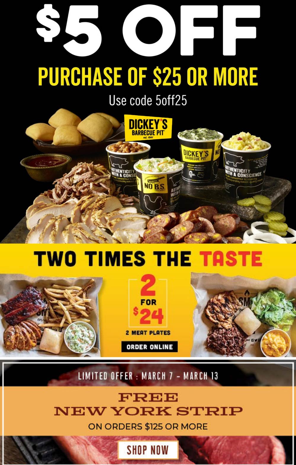 Dickeys Barbecue Pit restaurants Coupon  $5 off $25 at Dickeys Barbecue Pit restaurants via promo code 5off25 #dickeysbarbecuepit 