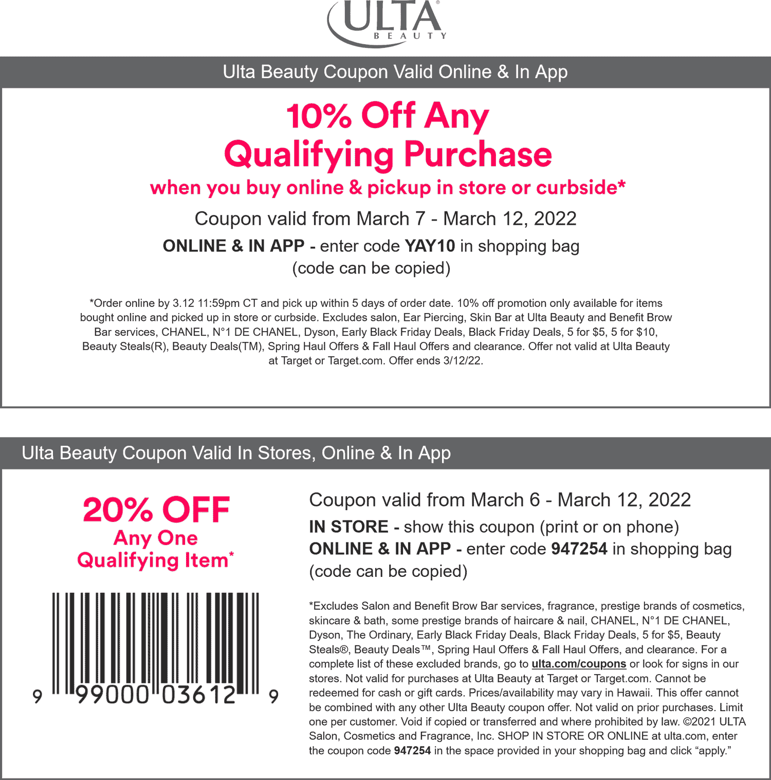 Ulta stores Coupon  20% off a single item at Ulta Beauty, or online via promo code 947254 #ulta 