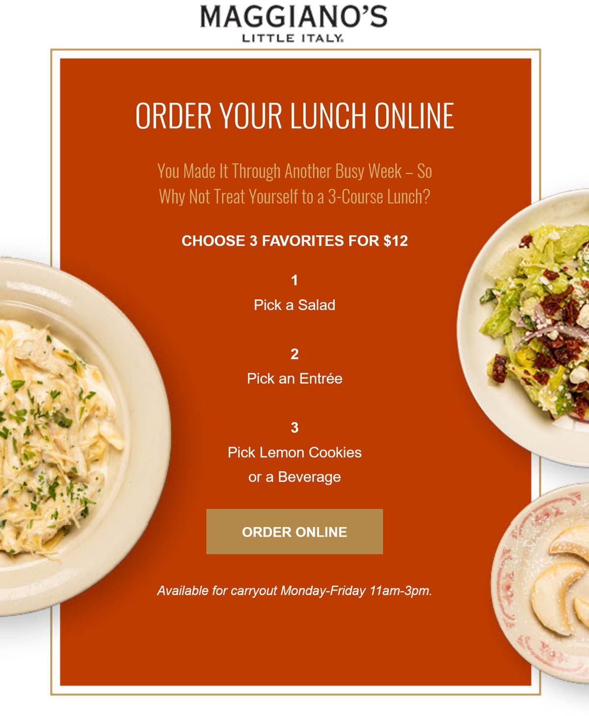 Maggianos Little Italy restaurants Coupon  Salad + lunch entree + beverage or cookies = $12 weekdays til 3p at Maggianos Little Italy #maggianoslittleitaly 