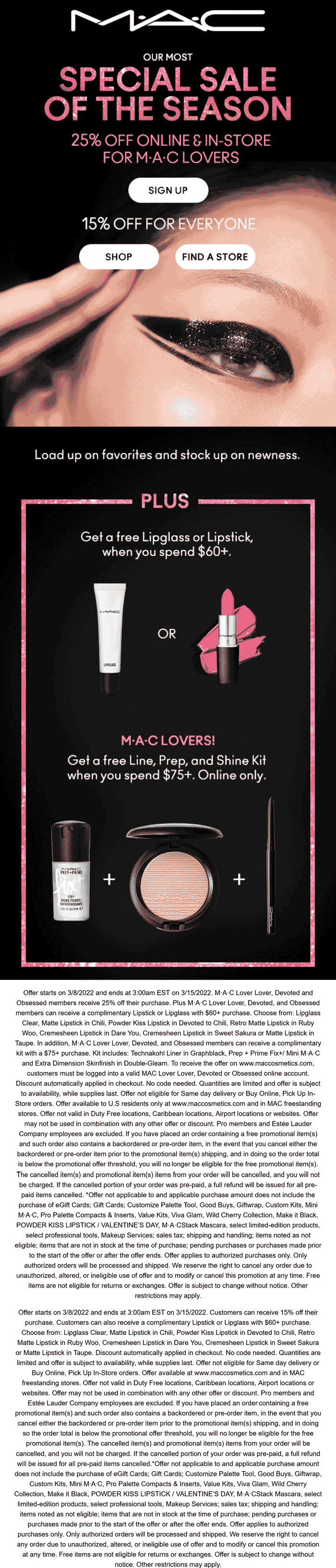 MAC stores Coupon  15-25% off at MAC cosmetics, ditto online #mac 