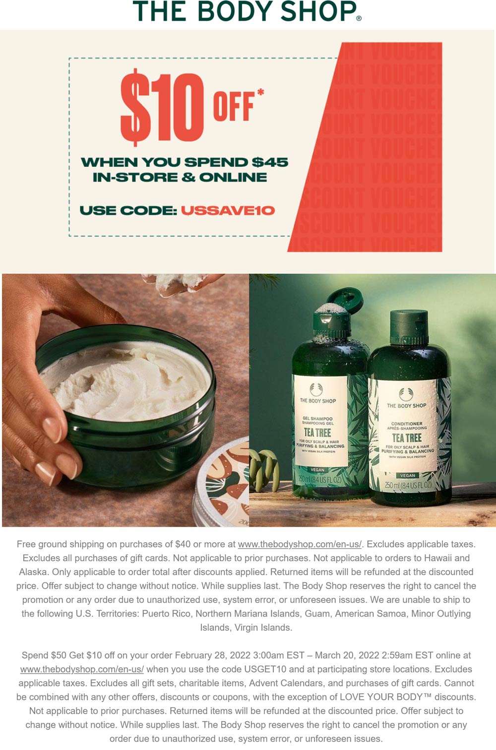 The Body Shop stores Coupon  $10 off $45 at The Body Shop, or online via promo code USSAVE10 #thebodyshop 