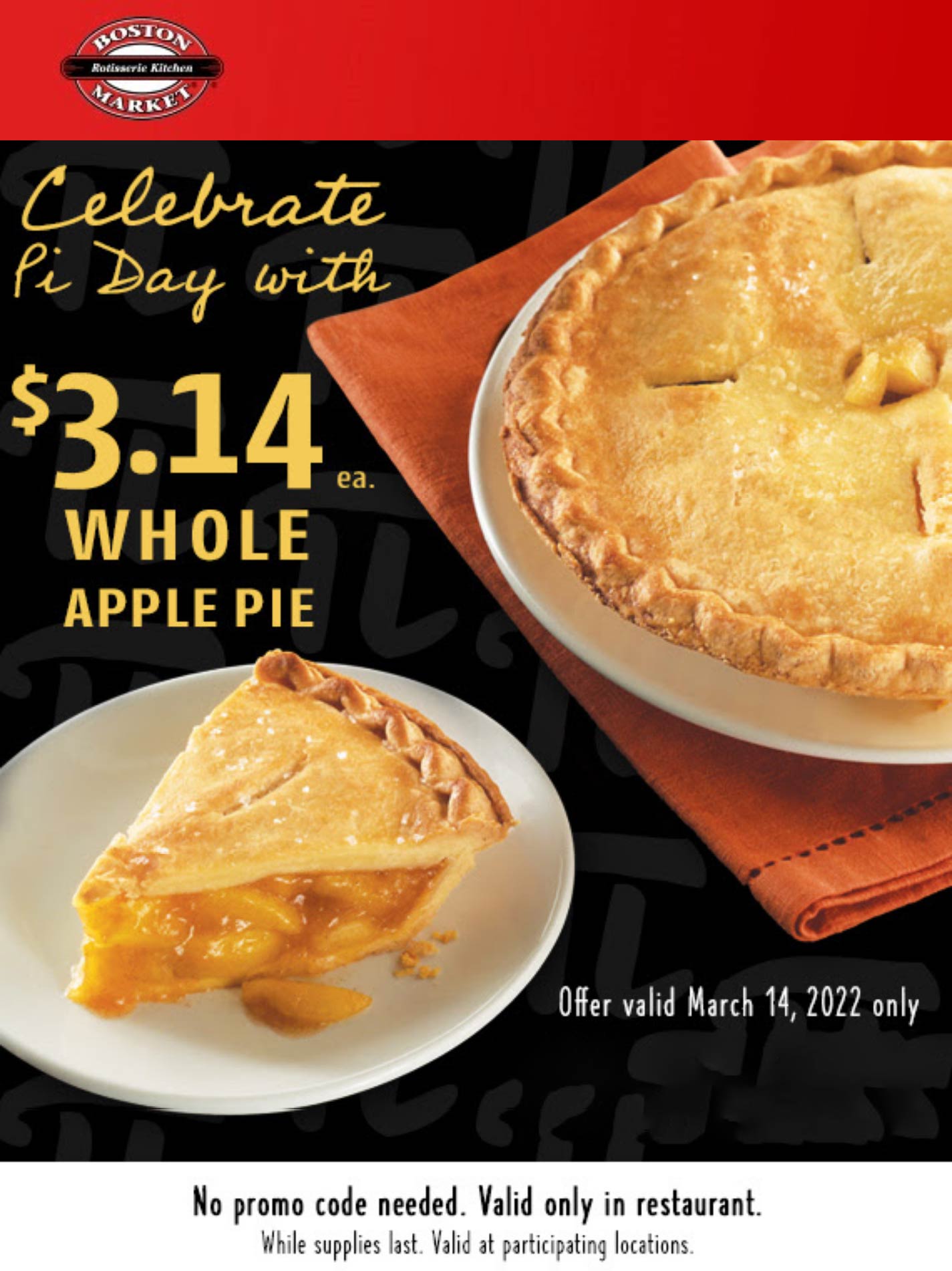 Boston Market restaurants Coupon  $3.14 whole apple pie today at Boston Market #bostonmarket 