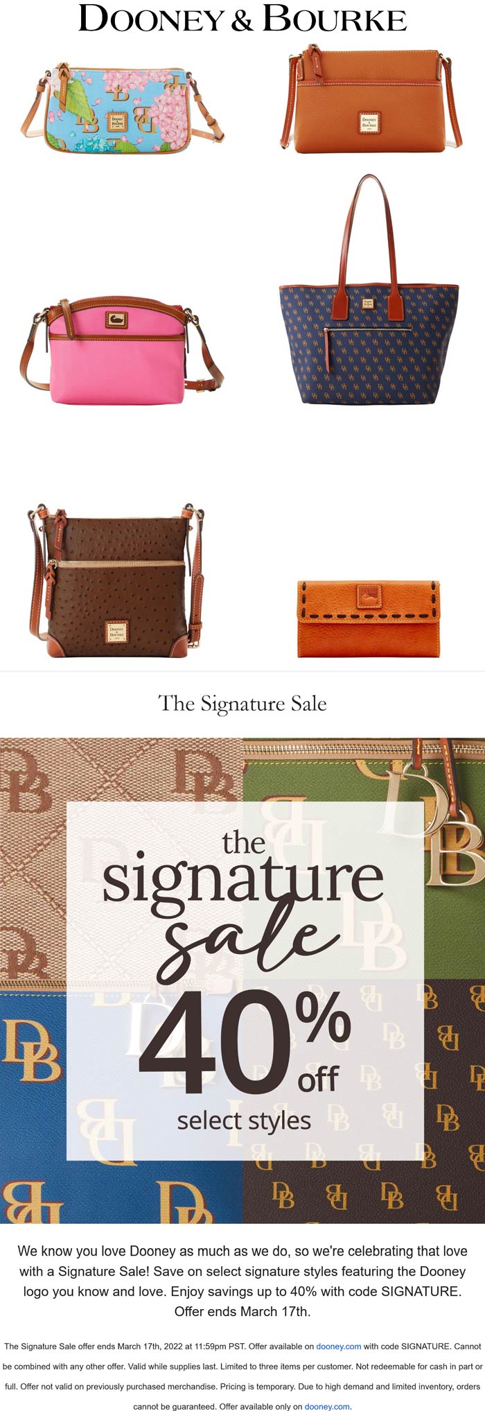 Dooney & Bourke stores Coupon  40% off signature styles at Dooney & Bourke via promo code SIGNATURE #dooneybourke 