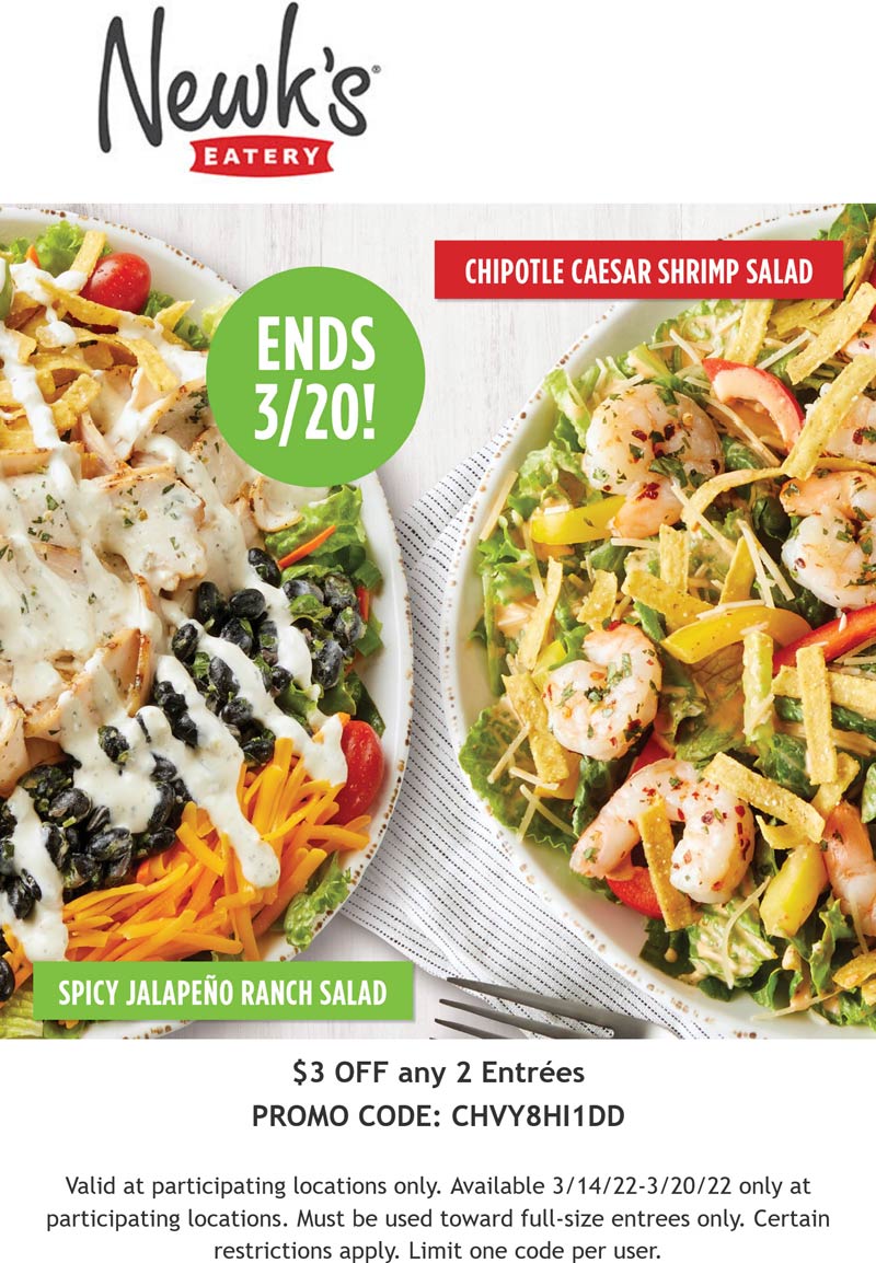 Newks Eatery restaurants Coupon  $3 off 2 entrees at Newks Eatery #newkseatery 