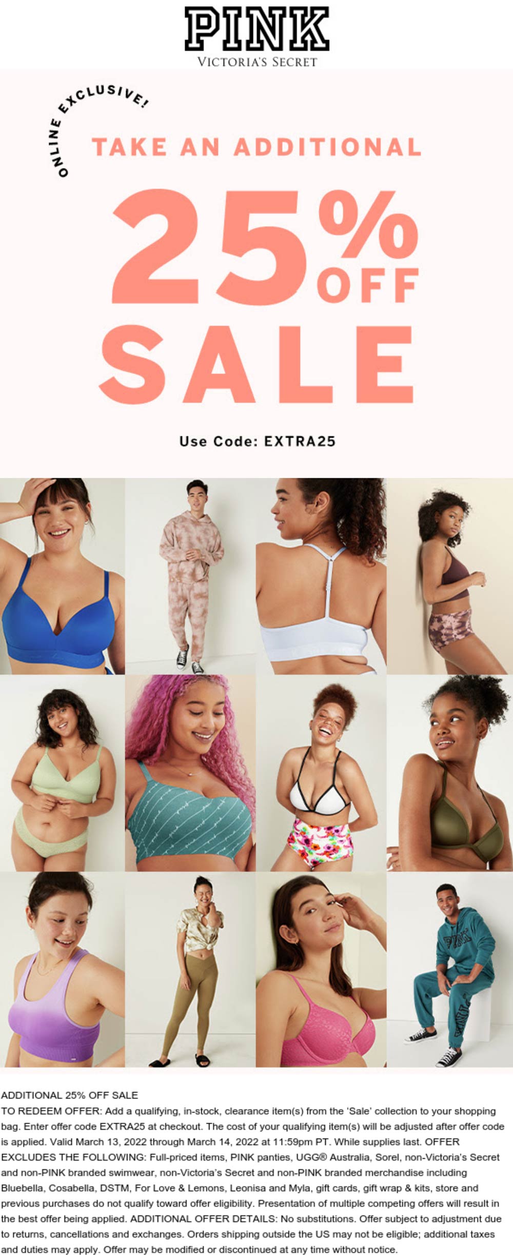 PINK stores Coupon  Extra 25% off sale items today at PINK via promo code EXTRA25 #pink 