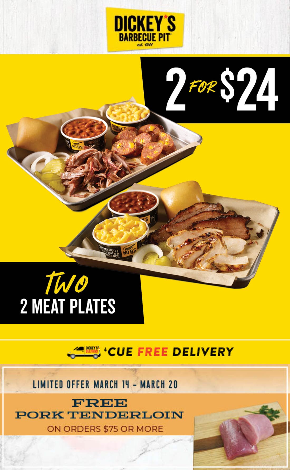 Dickeys Barbecue Pit stores Coupon  2 meat plates for $24 & free tenderloin on $75 at Dickeys Barbecue Pit #dickeysbarbecuepit 