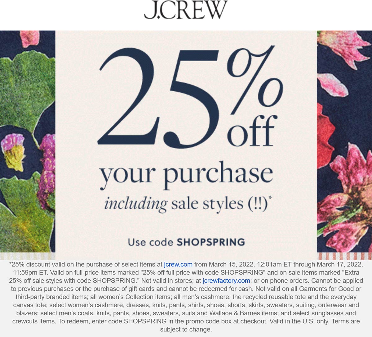 J.Crew stores Coupon  25% off at J.Crew via promo code SHOPSPRING #jcrew 