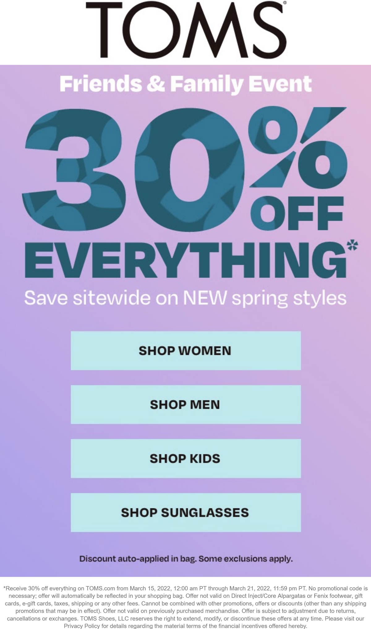 TOMS stores Coupon  30% off everything at TOMS Shoes #toms 
